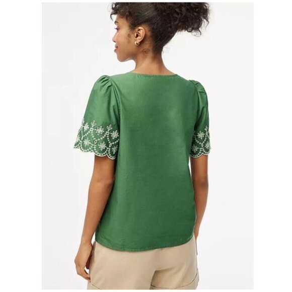 J. Crew V-Neck Lightweigh Embroidered Short Sleeves Top Green Size XS NWT - Picture 2 of 6